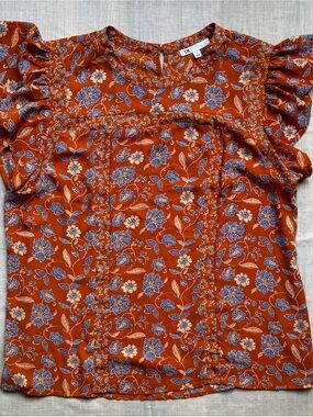 DR2 Rust Floral Ruffle Sleeve Blouse with Blue and Cream Accents